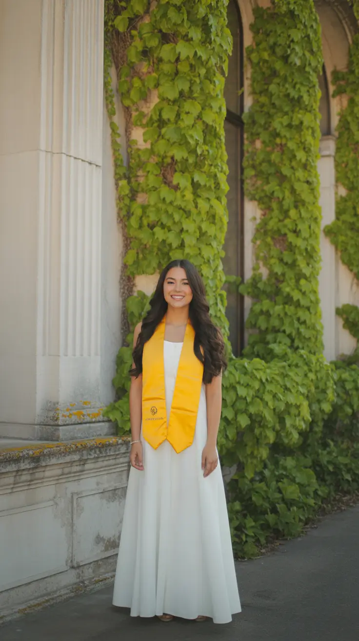 graduation look ideas 2026 Soft White Elegance with a Statement Stole