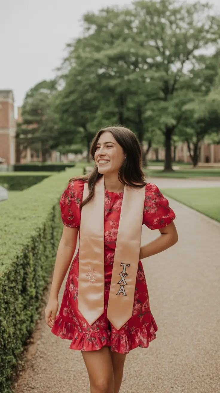 graduation look ideas 2026 Romantic Red Floral Dress with Soft Graduation Vibe
