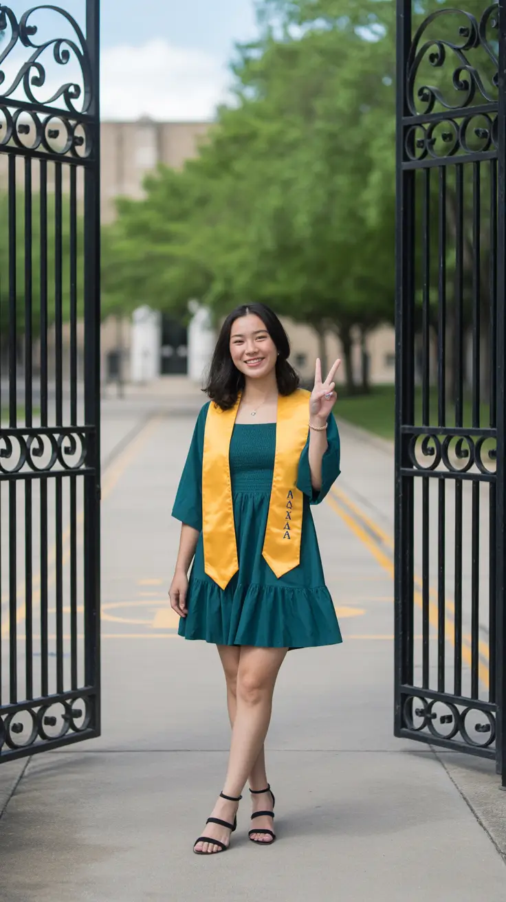 graduation look ideas 2026 Emerald Green Dress with Bold Academic Contrast
