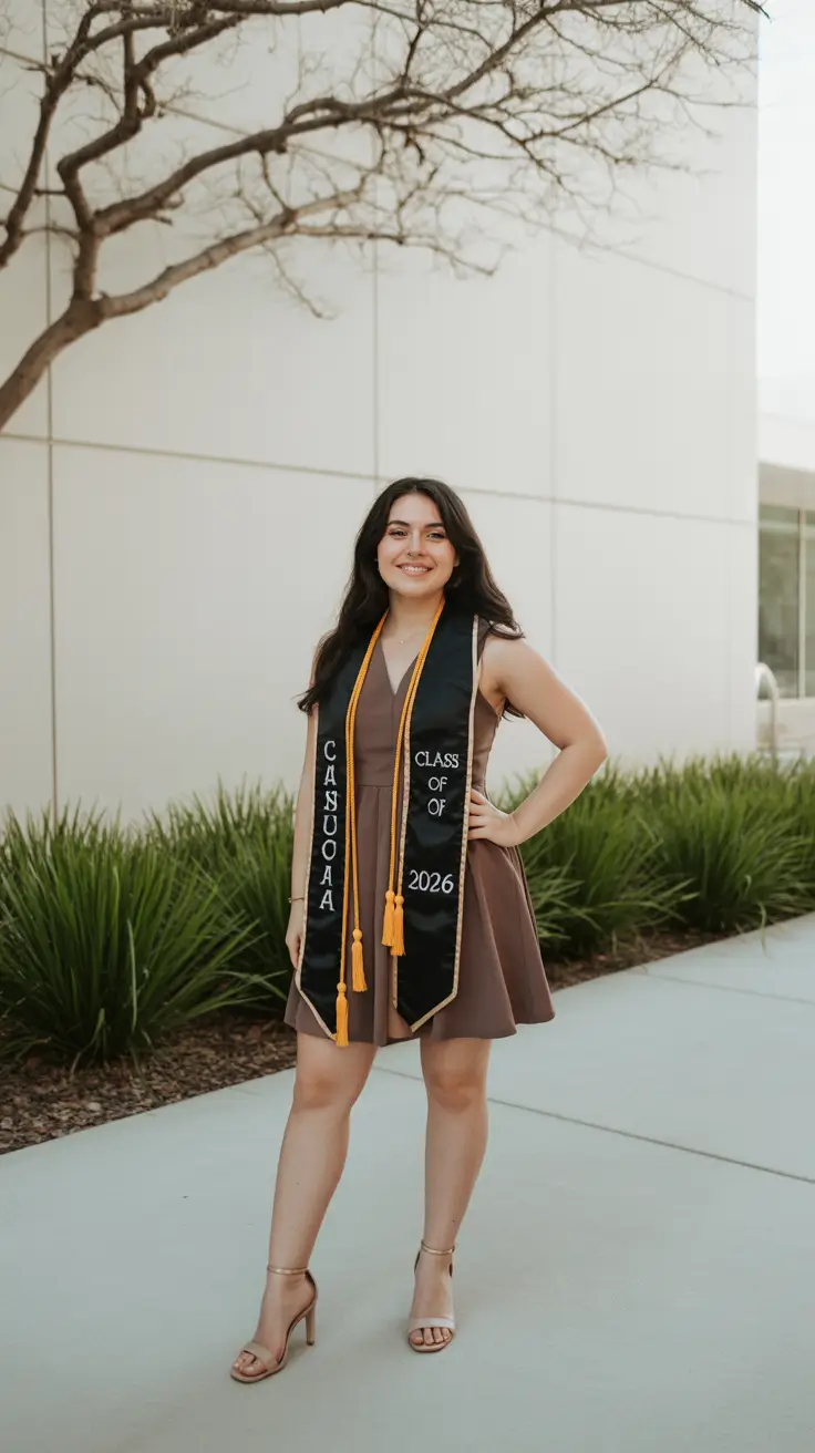 graduation look ideas 2026 Neutral Brown Dress with Classic Graduation Stole