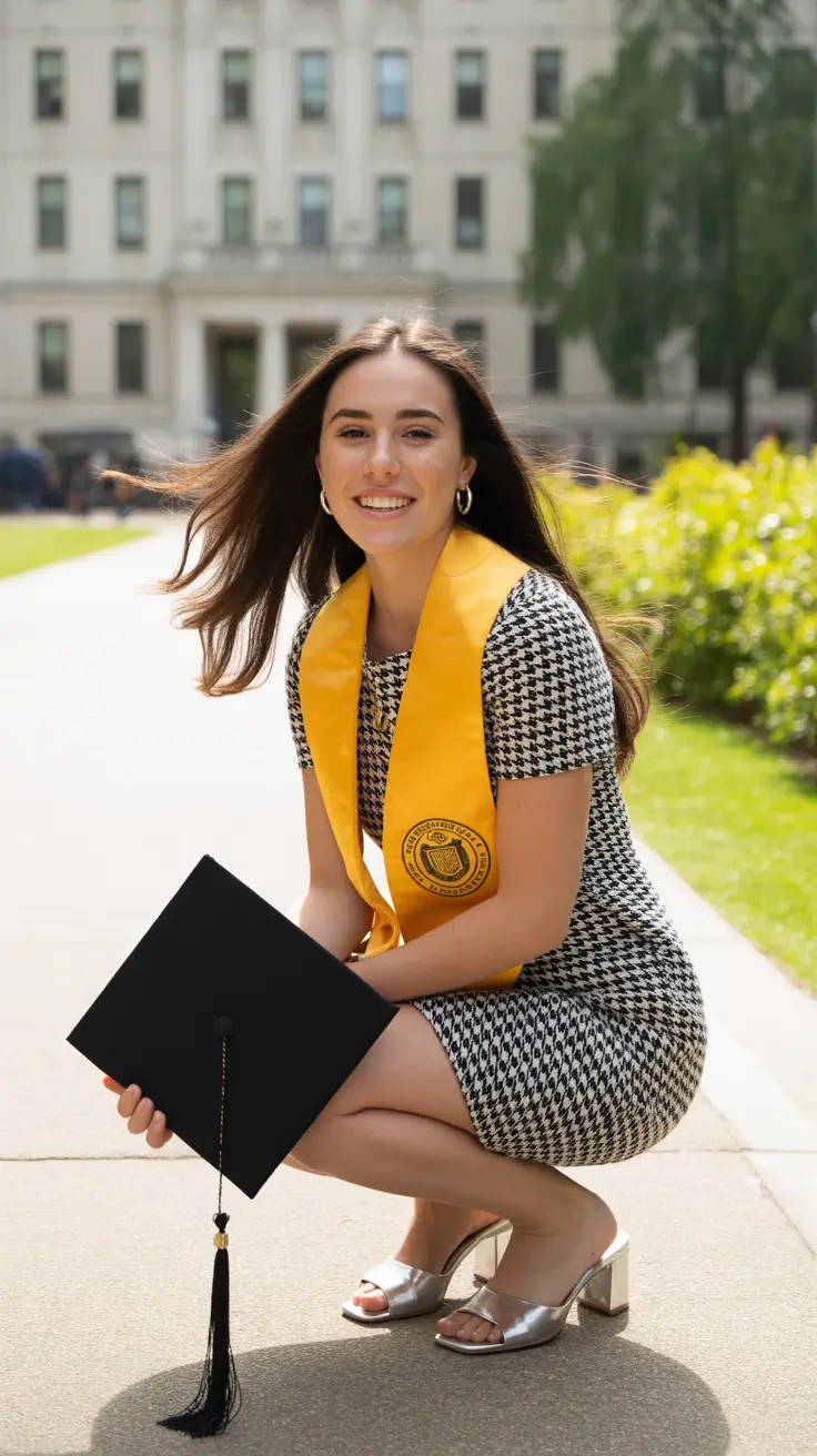 graduation look ideas 2026 Patterned Mini Dress with Bold Graduation Contrast