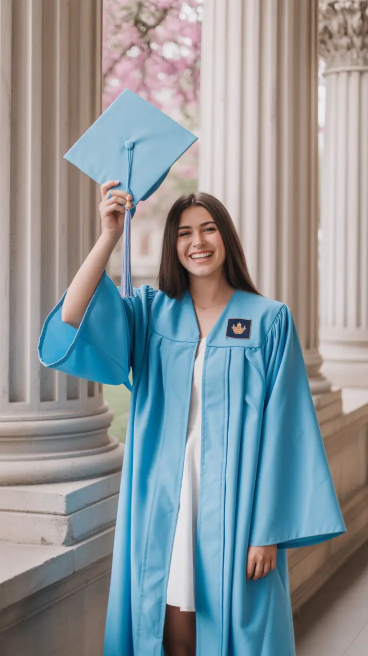 graduation look ideas 2026 Soft Blue Graduation Robe with Clean Minimal Styling