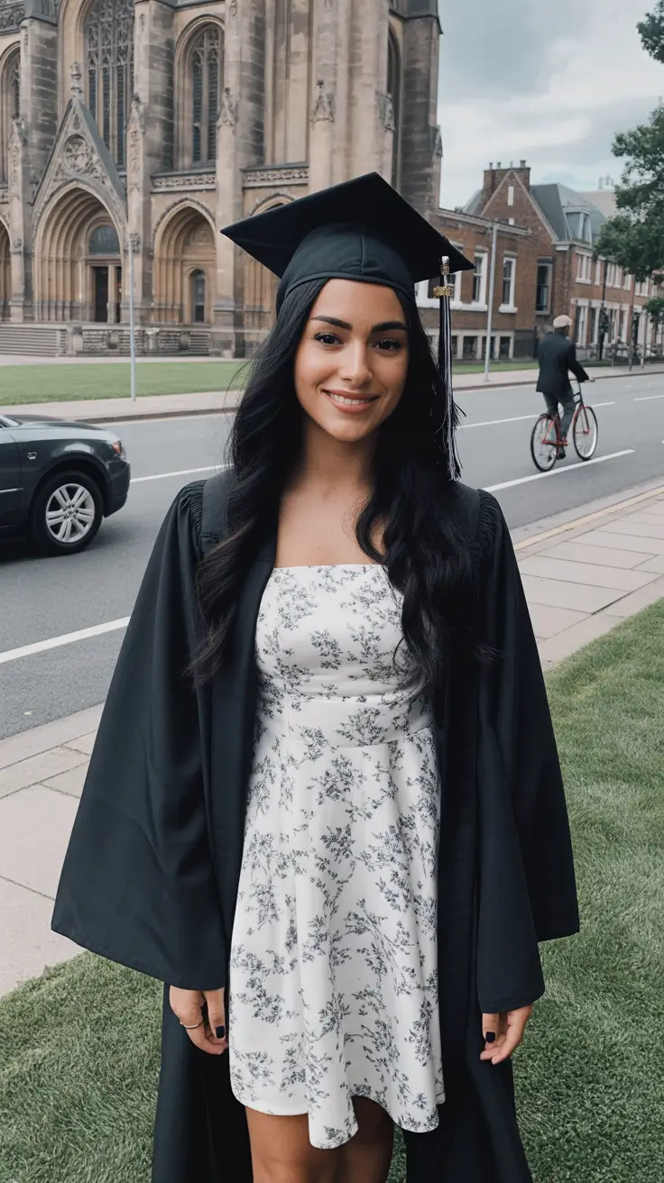 graduation look ideas 2026 Soft Floral Dress with Classic Graduation Contrast