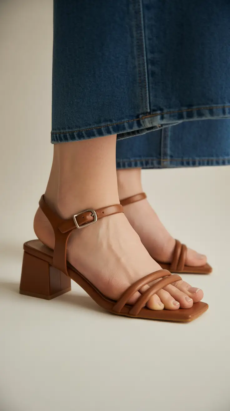 summer outfits with sandals for women 2026 Minimal Brown Heels with Cropped Denim