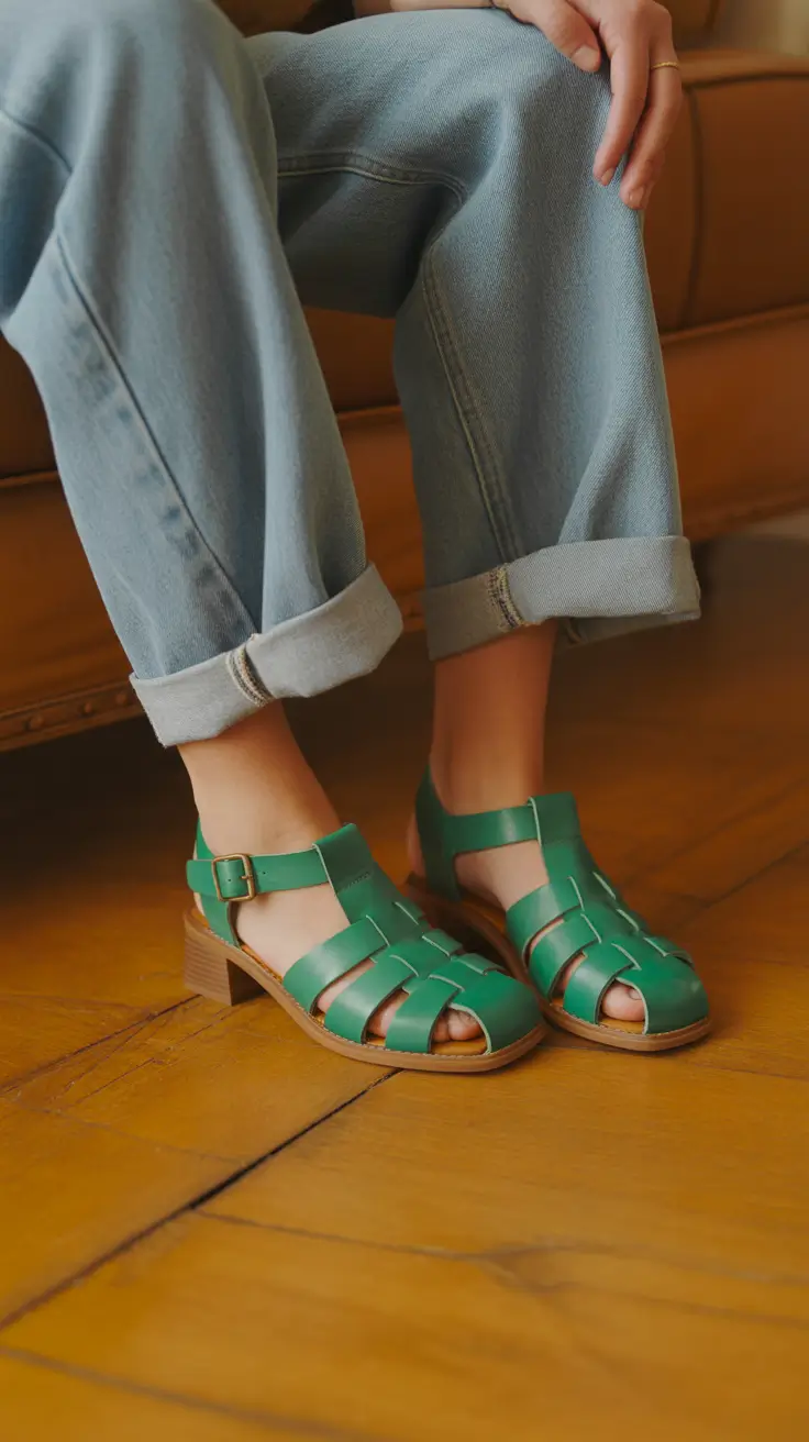 summer outfits with sandals for women 2026 Green Fisherman Sandals with Denim