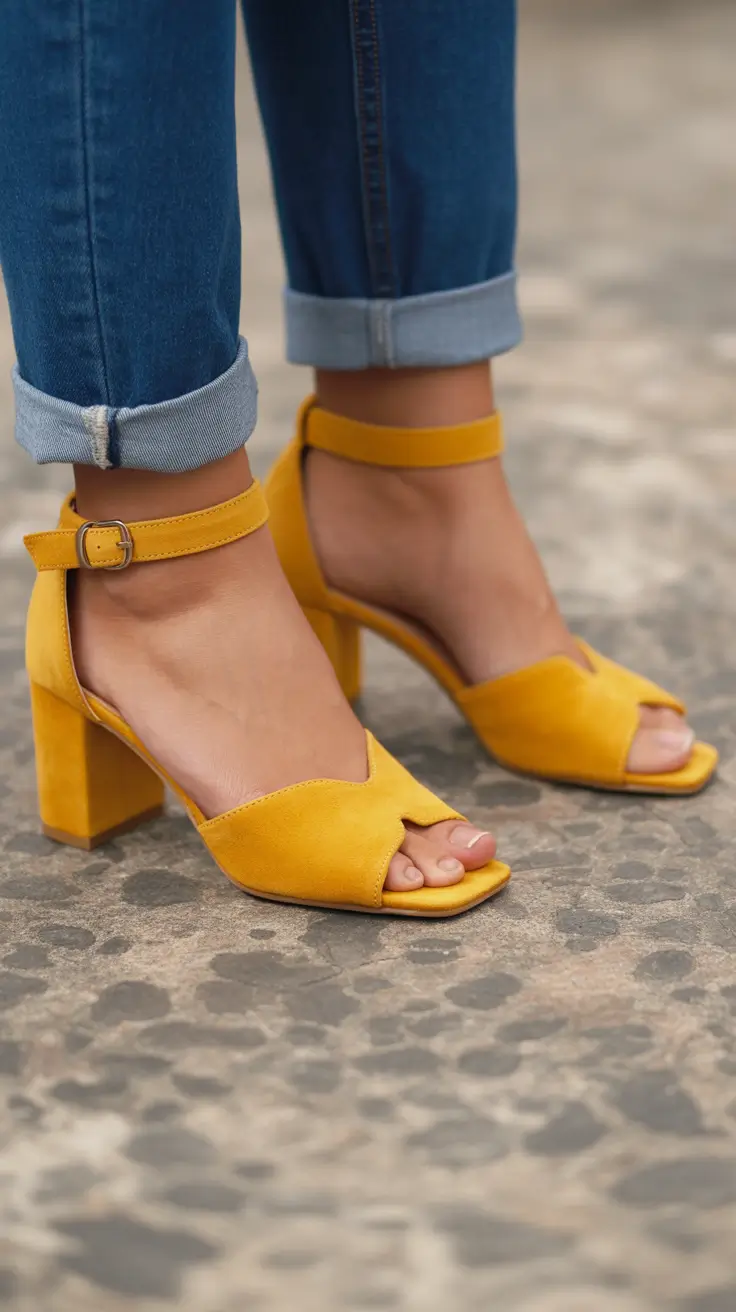 summer outfits with sandals for women 2026 Yellow Heeled Sandals with Denim
