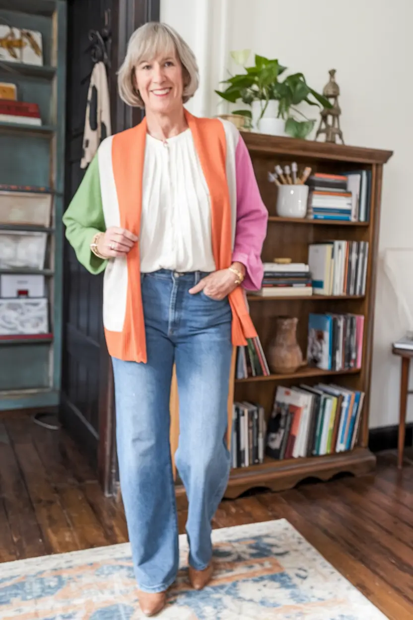Casual fall outfits for women over 50 - ideas 2025+Colorblock Cardigan and Vintage Denim