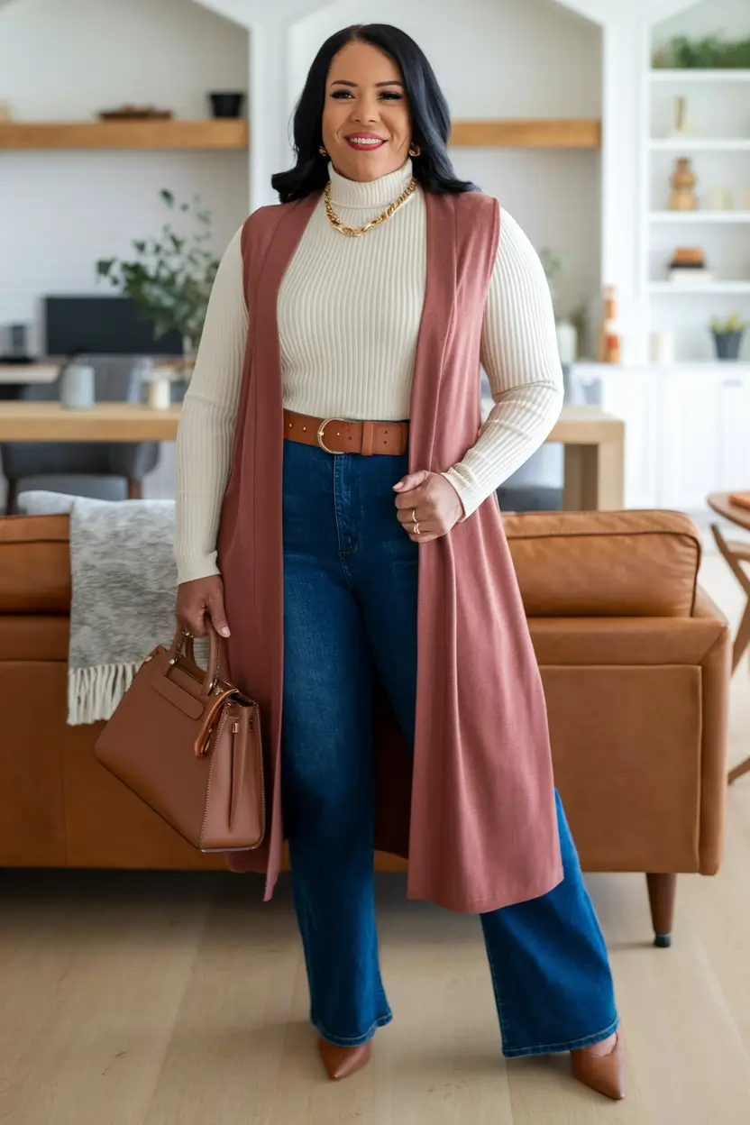 Casual fall outfits for women over 50 - ideas 2025+Long Vest Layering with Flare Jeans