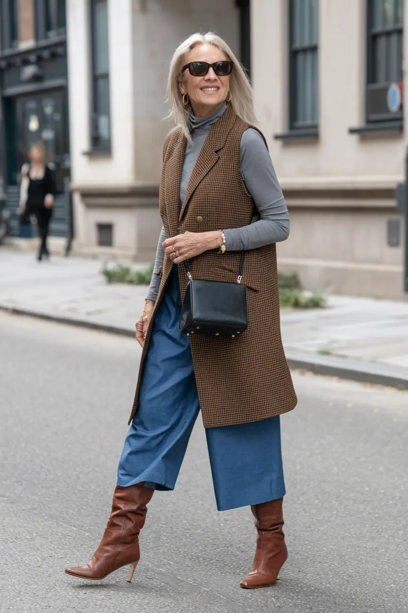 Casual fall outfits for women over 50 - ideas 2025+Street-Style Vest with Blue Culottes