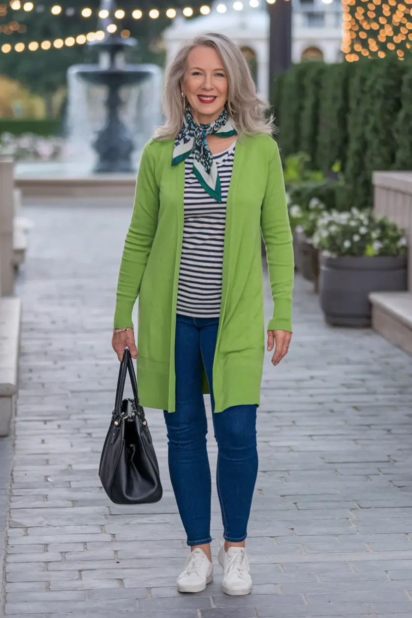 Casual fall outfits for women over 50 - ideas 2025+Lime Green Cardigan with Stripes and Sneakers