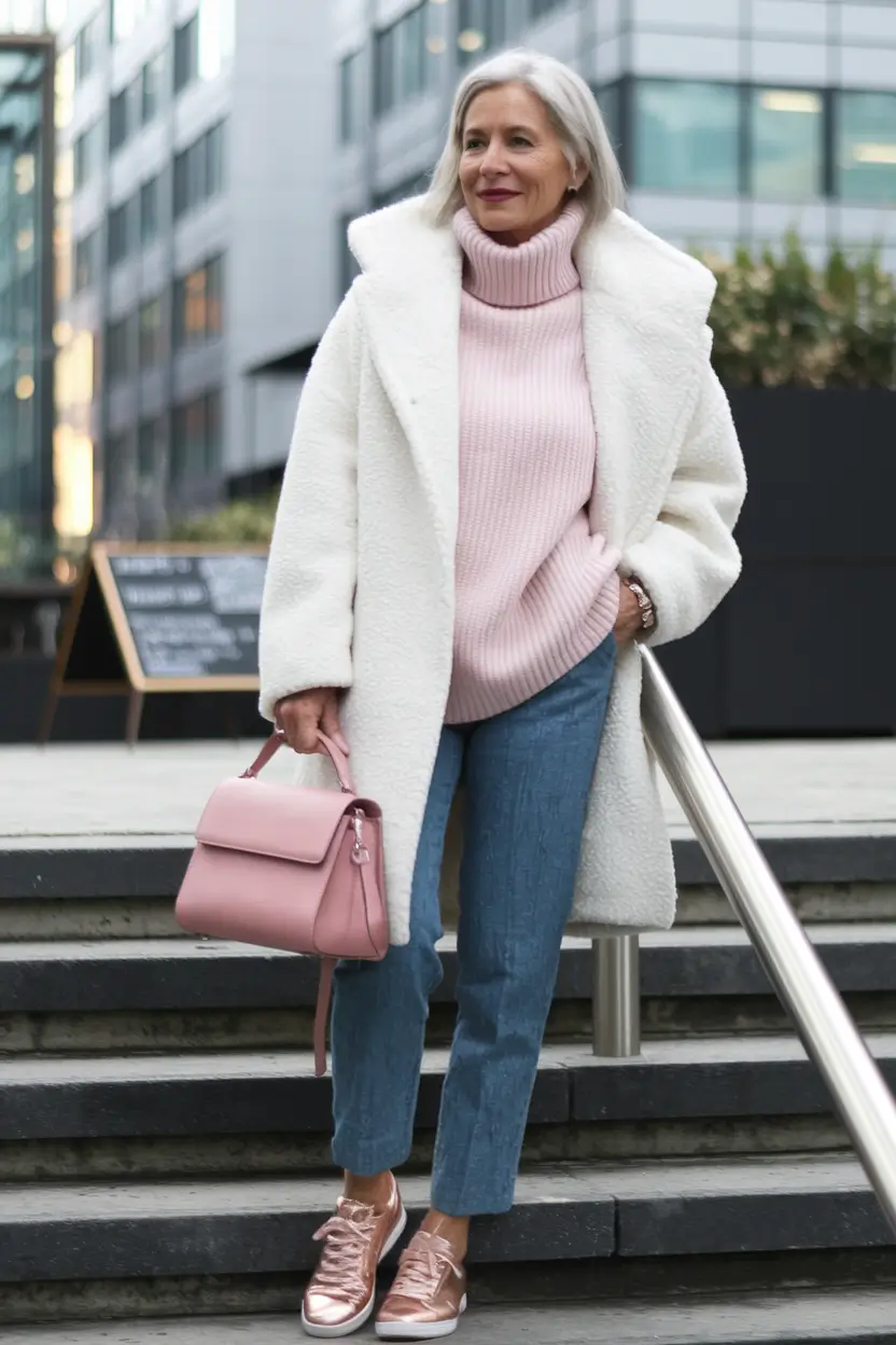 Casual fall outfits for women over 50 - ideas 2025+Soft Pink and White with Rose Gold Sneakers