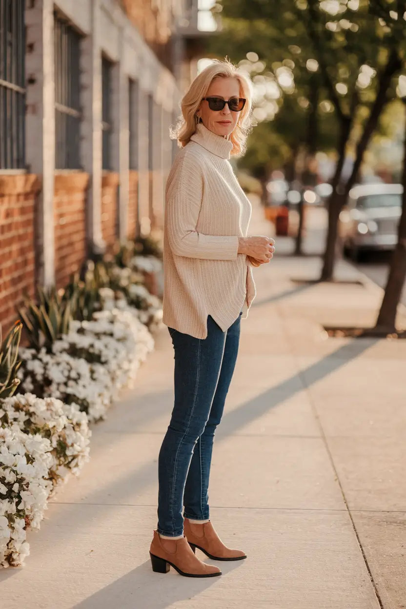 Casual fall outfits for women over 50 - ideas 2025+Chunky Knit with Denim and Taupe Boots