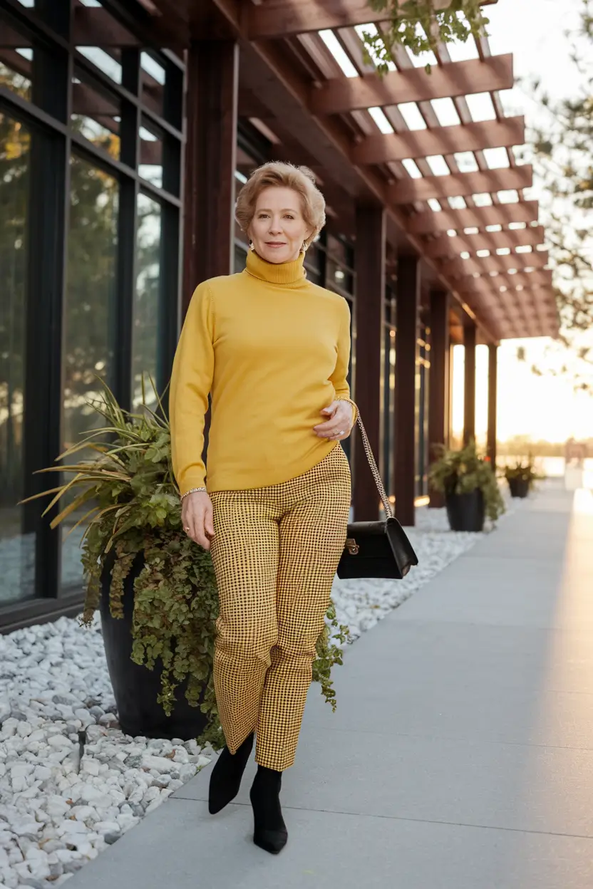 Casual fall outfits for women over 50 - ideas 2025+Goldenrod Turtleneck with Patterned Pants