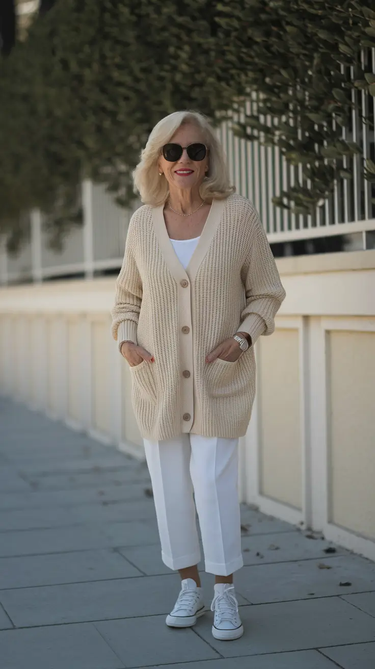 Casual fall outfits for women over 50 - ideas 2025+Slouchy Cardigan with Cropped Whites and Sneakers