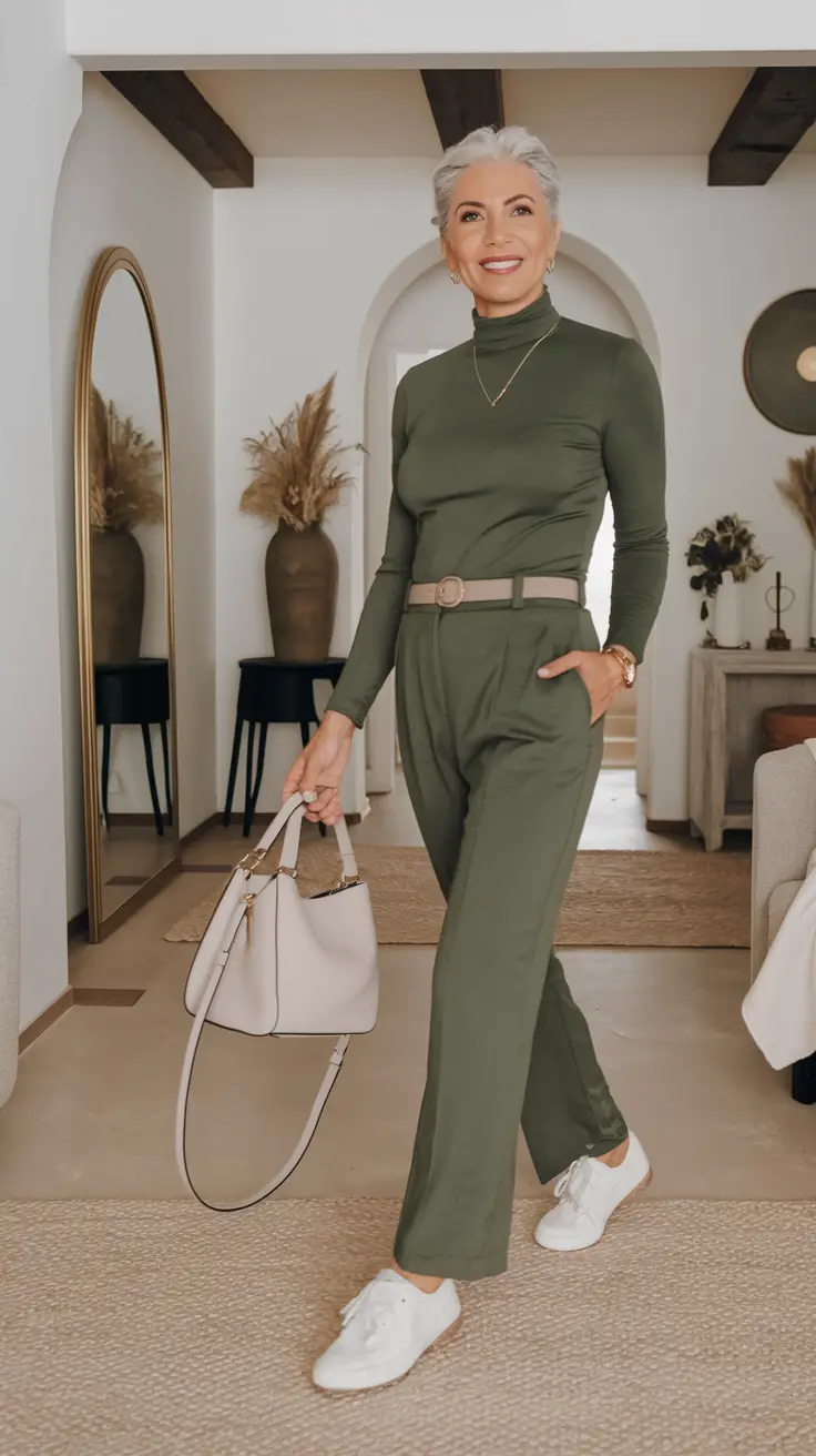 Casual fall outfits for women over 50 - ideas 2025+Olive Green Knit Set with White Sneakers