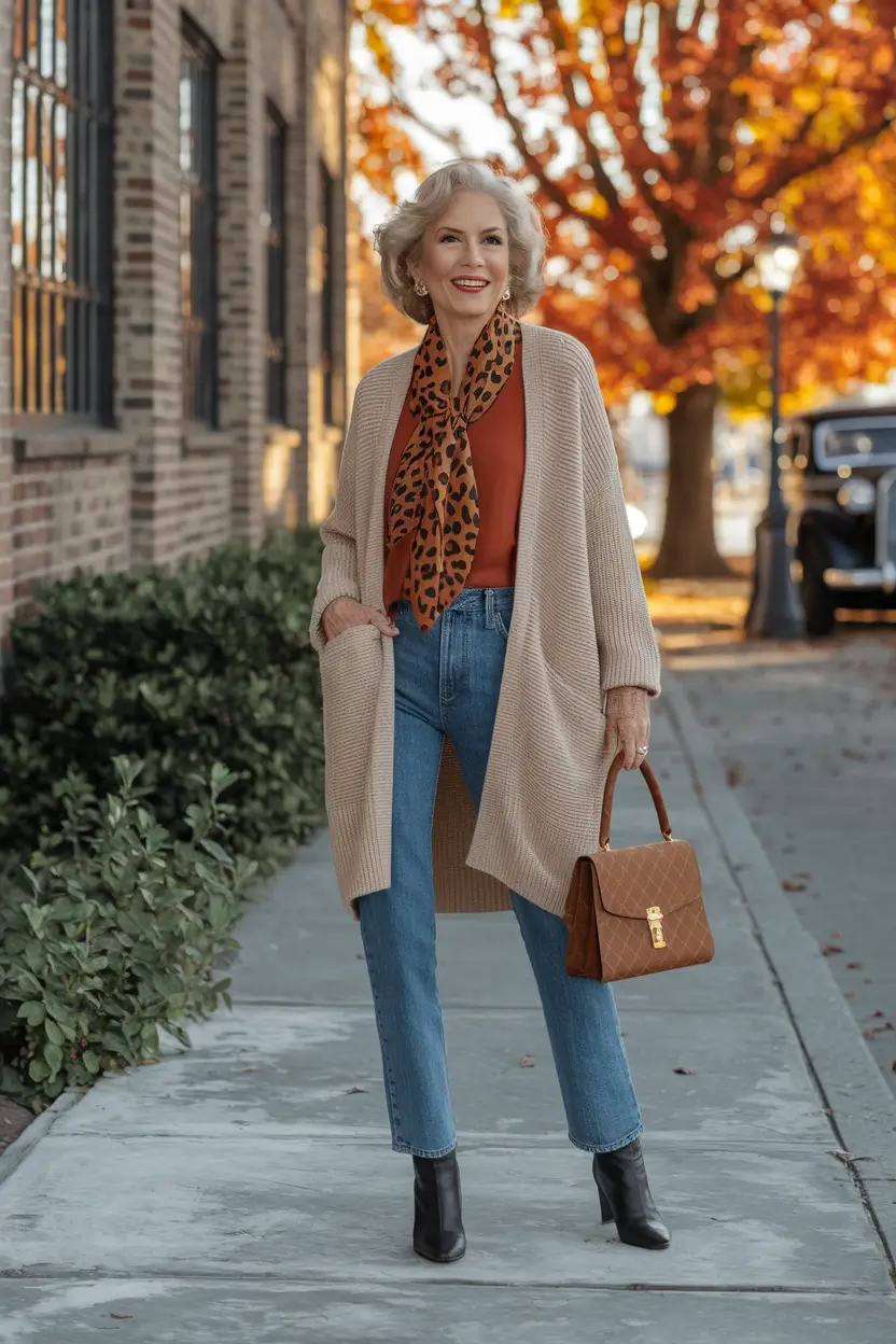Casual fall outfits for women over 50 - ideas 2025+Animal Print Accent with Cozy Cardigan
