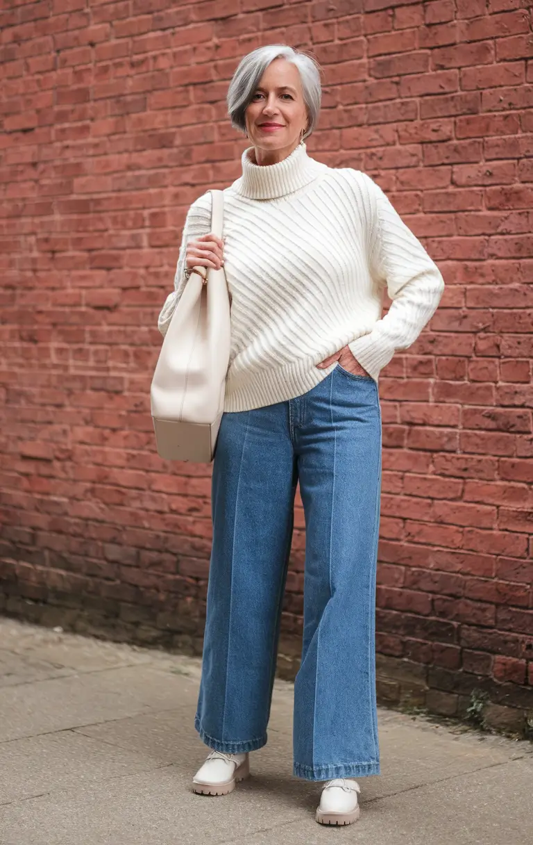 Casual fall outfits for women over 50 - ideas 2025+Chunky Cream Sweater with Wide Leg Jeans