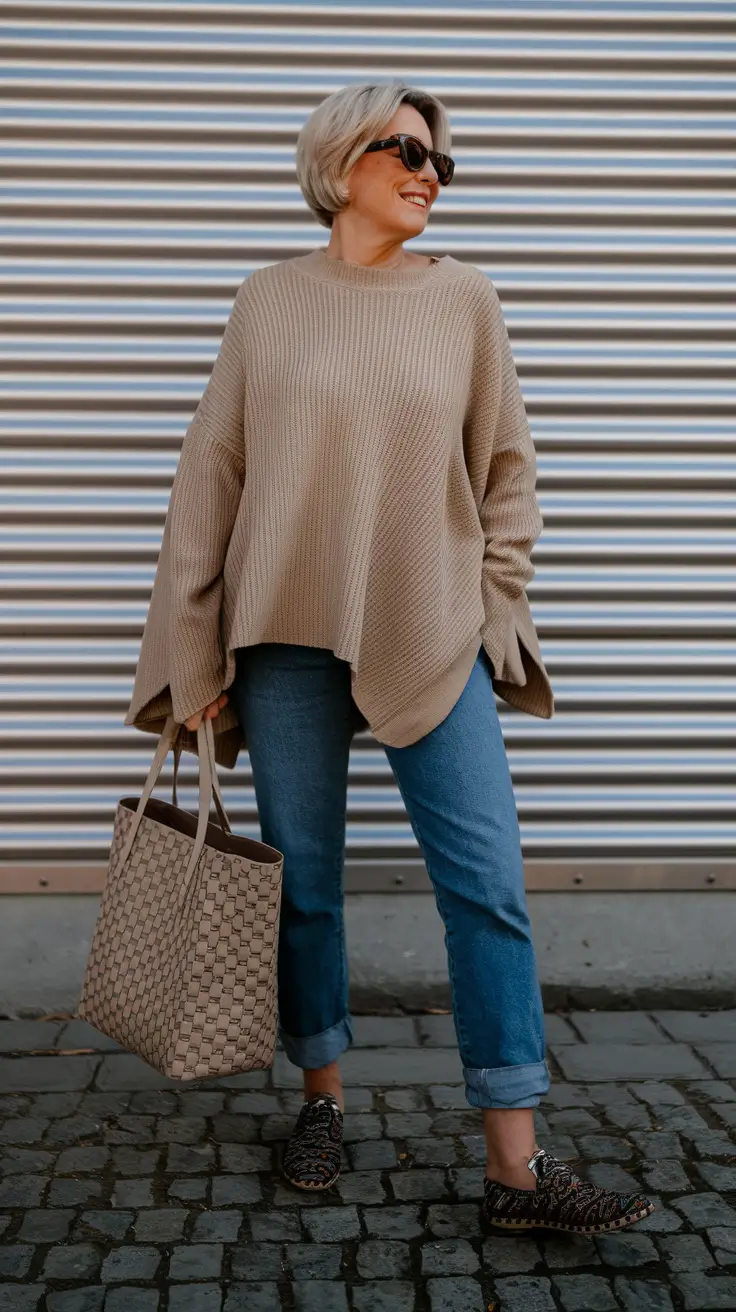 Casual fall outfits for women over 50 - ideas 2025+Boxy Knit and Rolled-Up Denim
