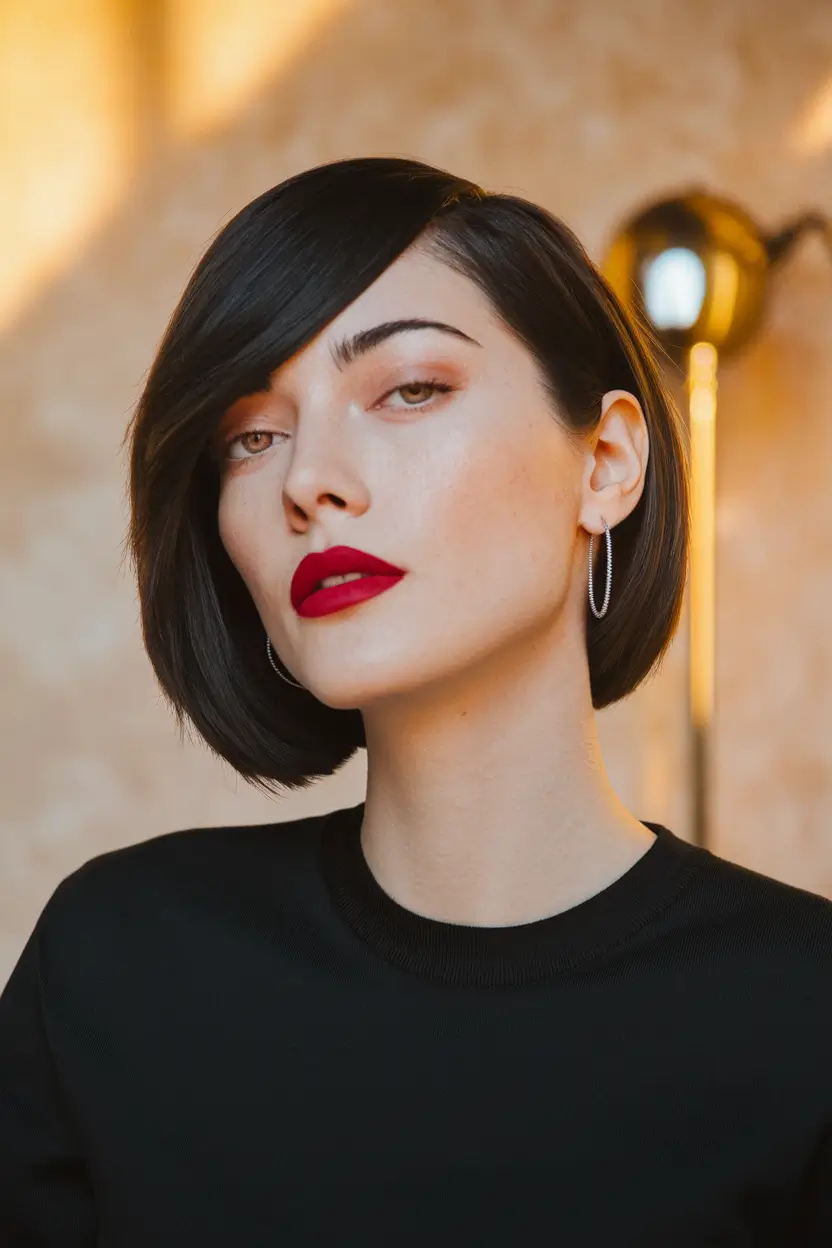 fall bob haircut ideas 2025 blunt-black-bob-with-side-swept-drama