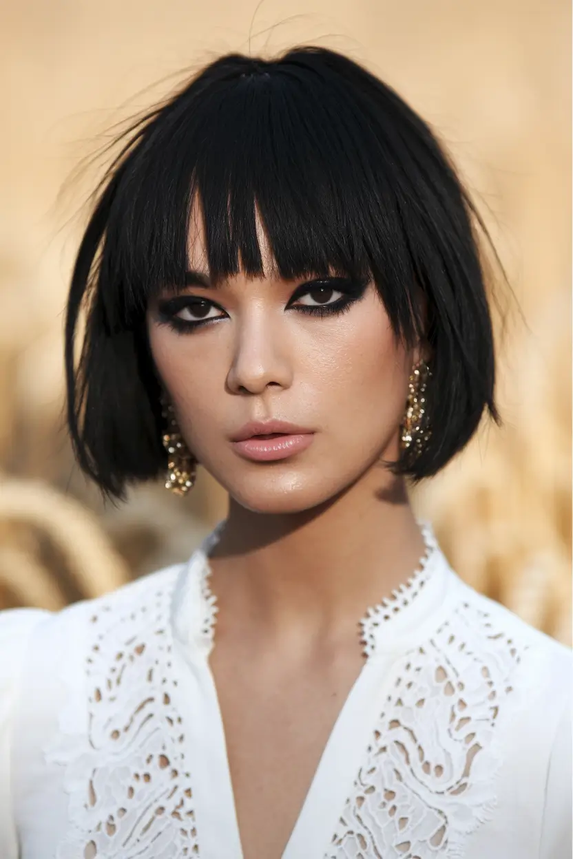 fall bob haircut ideas 2025 jet-black-bob-with-blunt-bangs