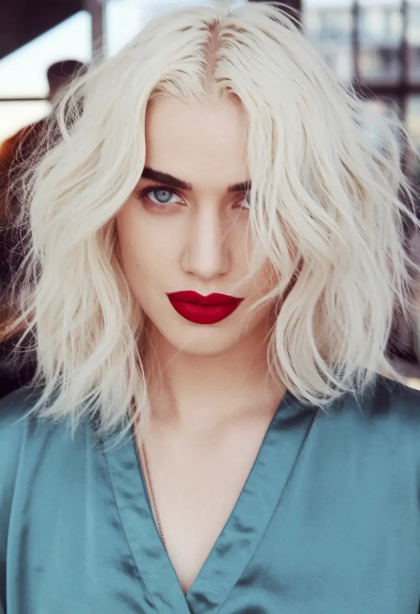 fall bob haircut Wavy Blonde Lob with Cool-Girl Edge