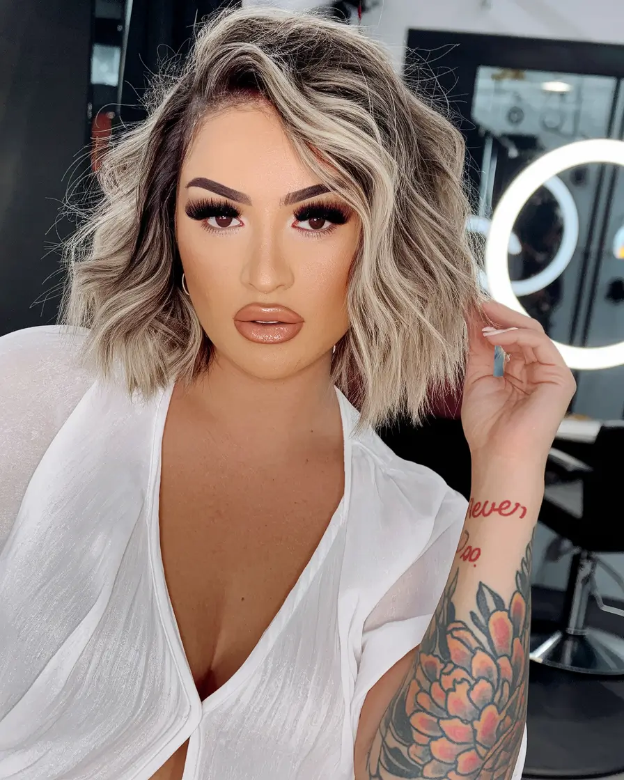 fall bob haircut Textured Platinum Melt with Shadow Roots