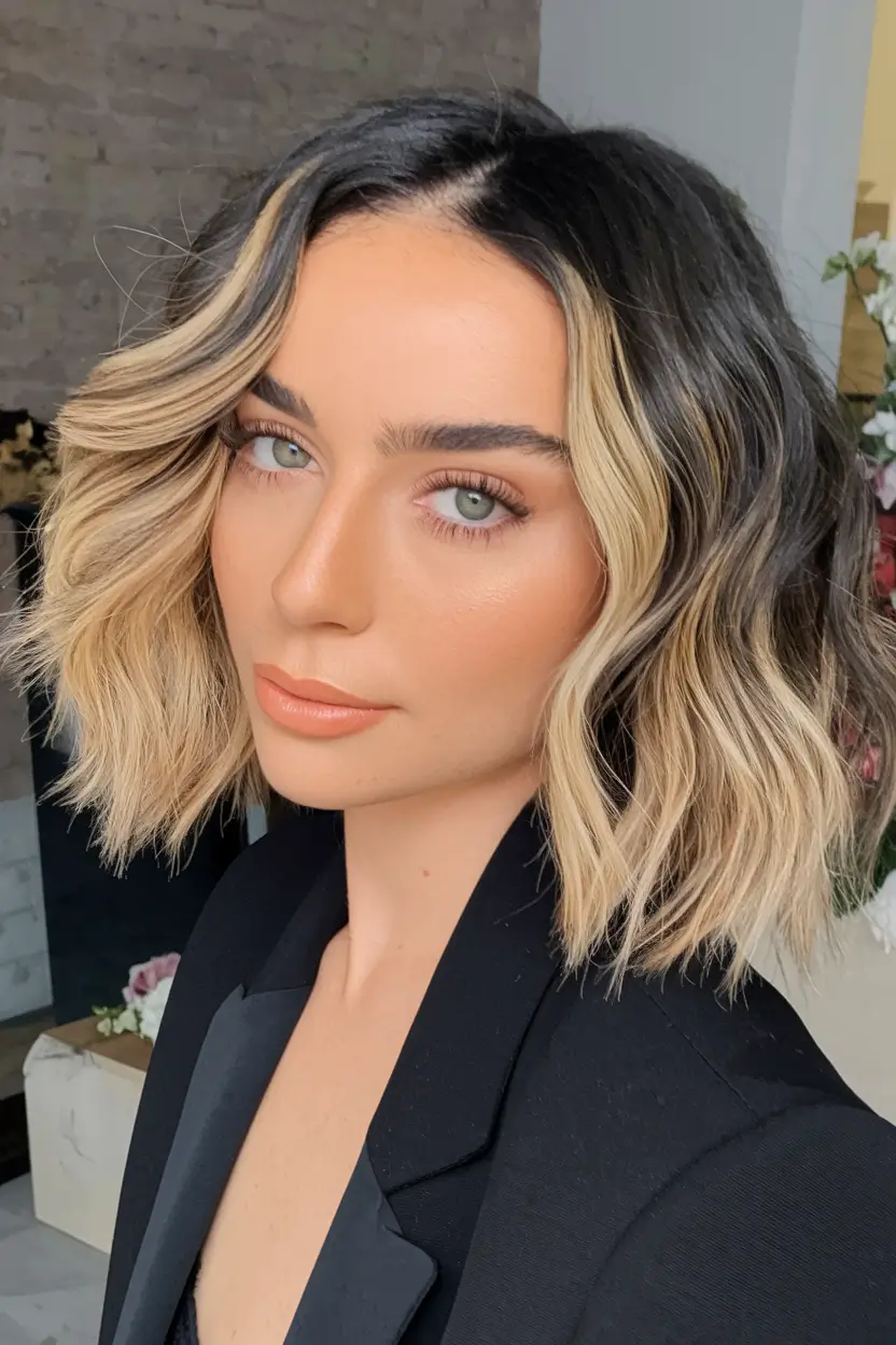 fall bob haircut ideas 2025 wavy-bob-with-bold-money-piece-highlights