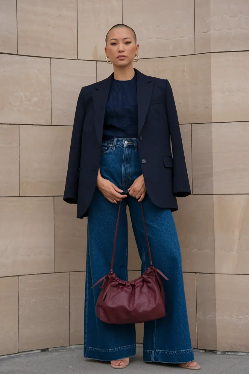 fall business casual outfits ideas 2025 Denim Goes Dramatic with Structure
