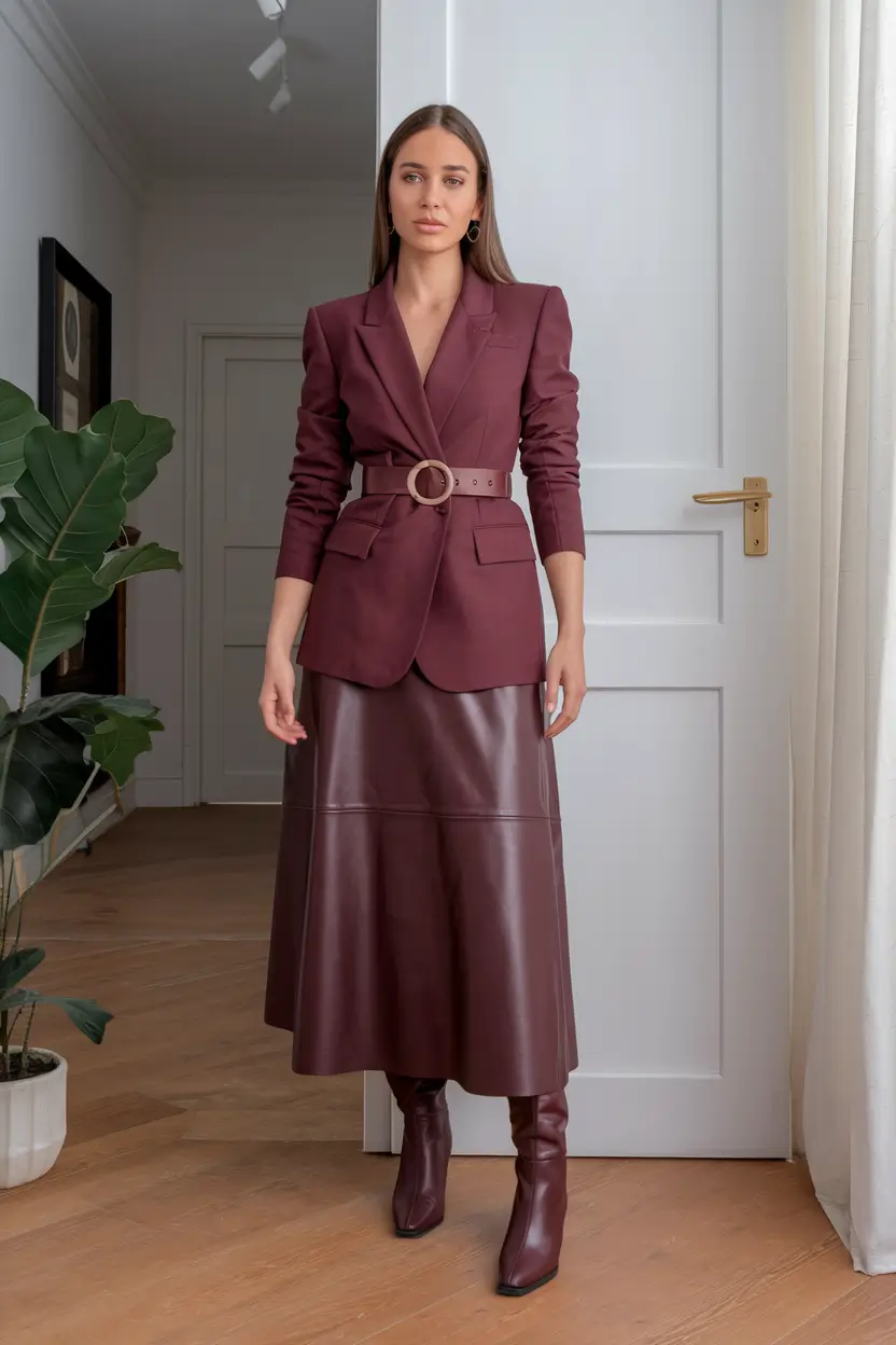 fall business casual outfits burgundy leather and blazer harmony