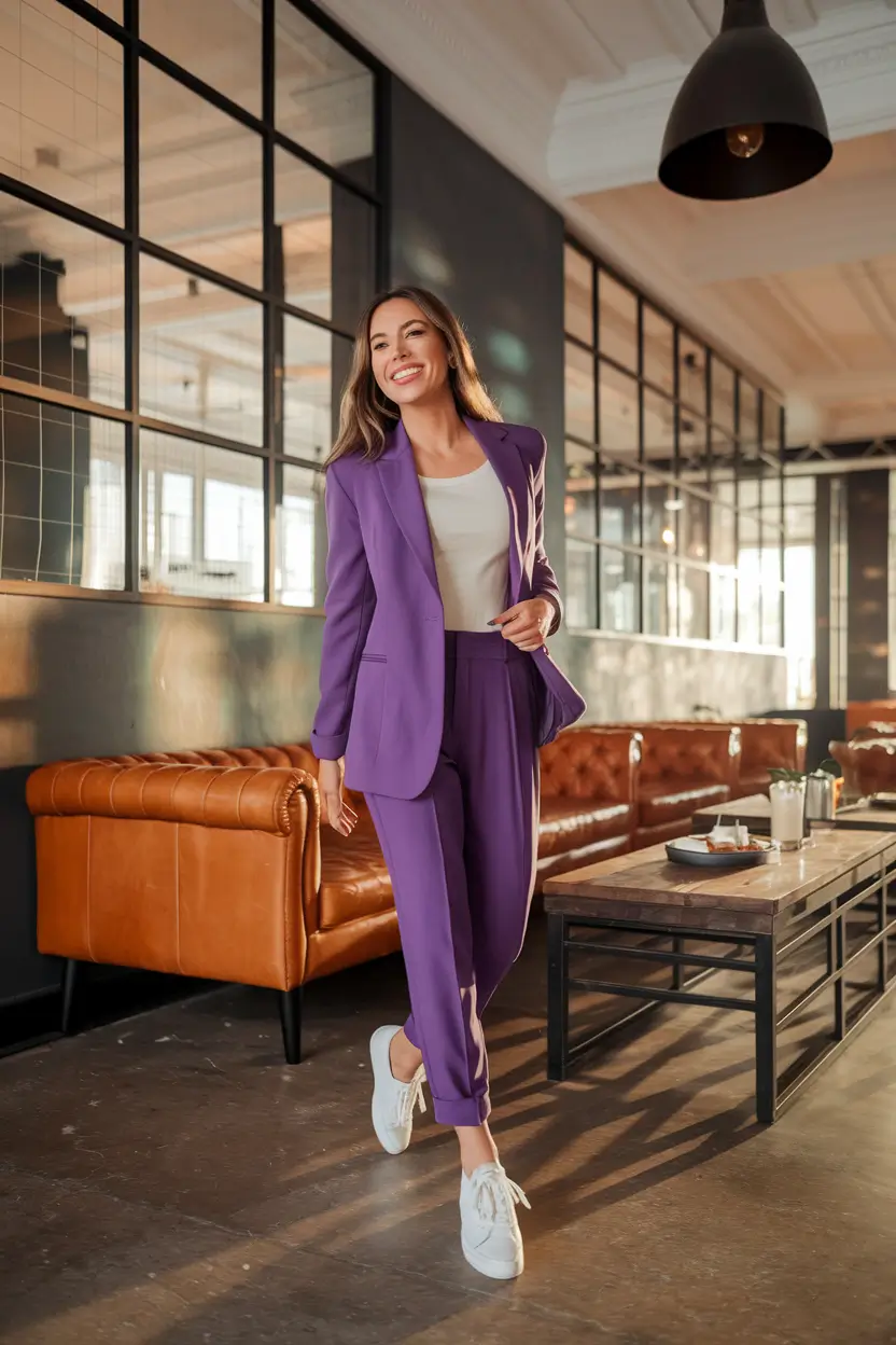 fall business casual outfits purple power suit but make it playful
