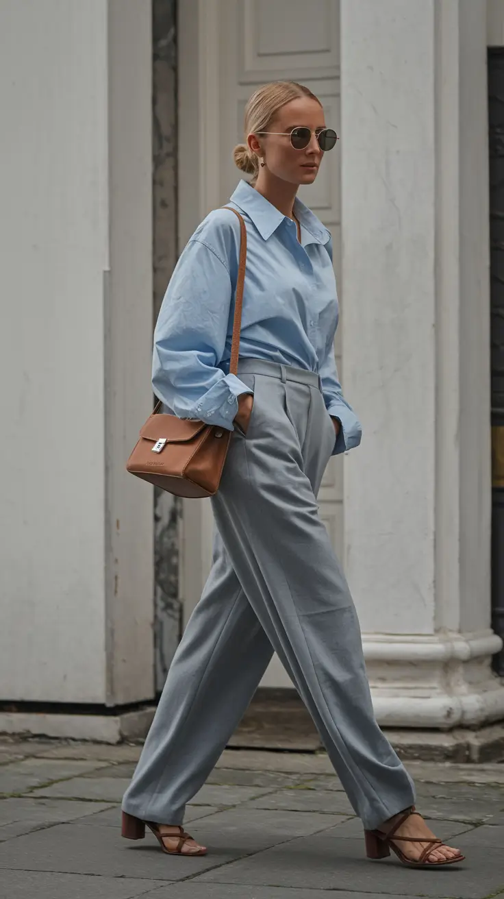 fall business casual outfits ideas 2025 Blue Tones for Rainy Day Elegance
