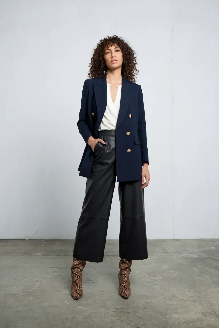 fall business casual outfits ideas 2025 Tailored Drama in Leather and Navy