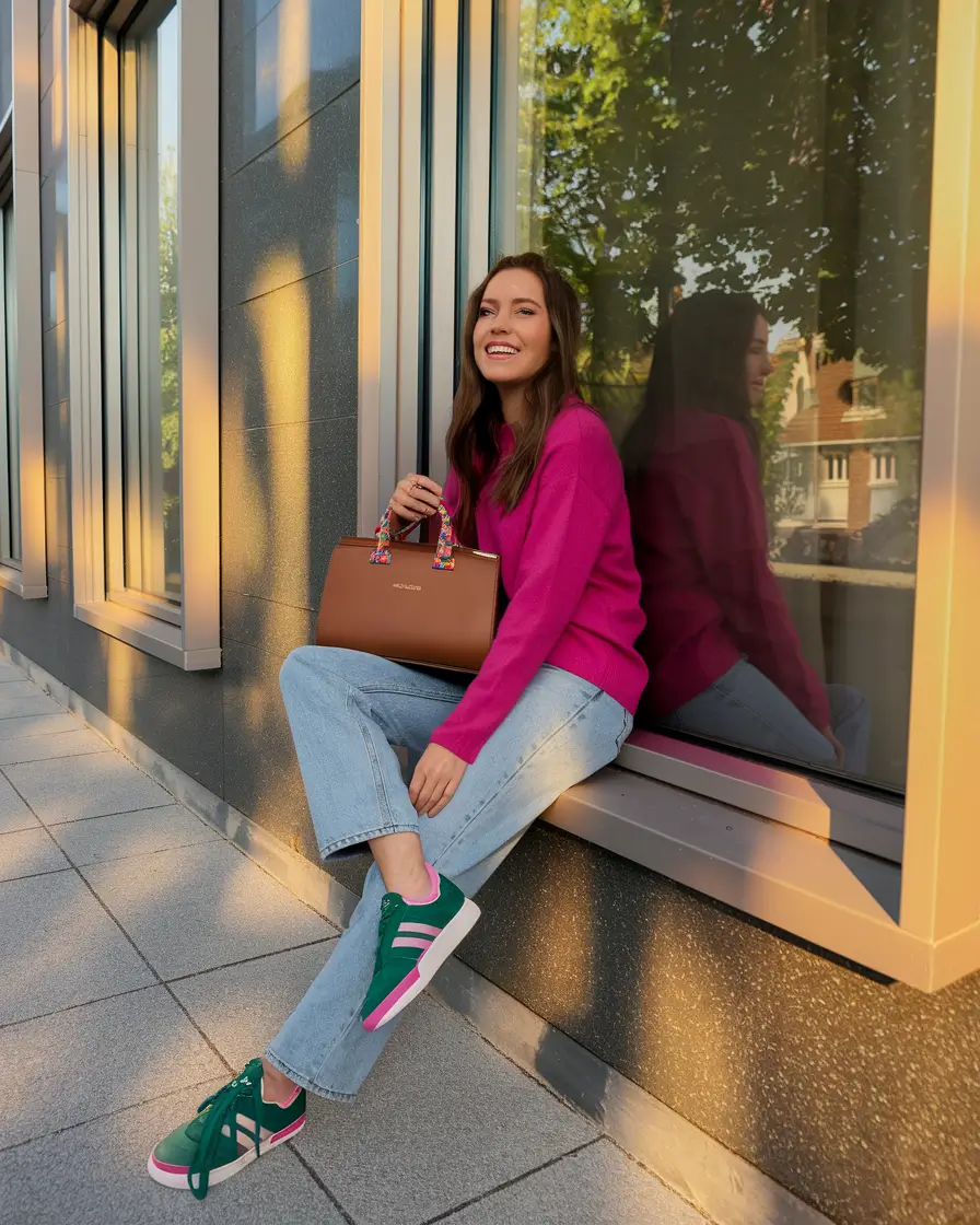 fall fashion inspo for women 2025 Playful Color: Bright Knit & Retro Sneakers