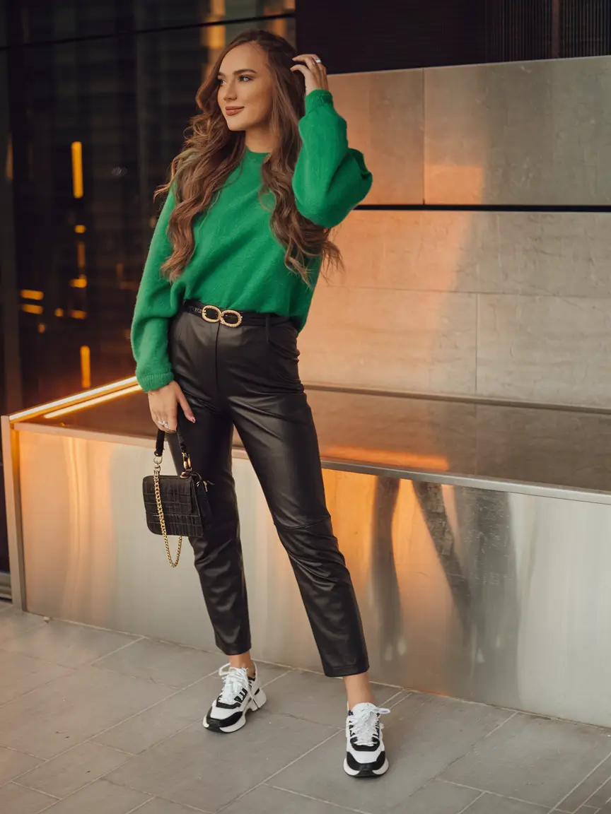 fall fashion inspo for women 2025 Green Energy: Bold Sweater Meets Cool Girl Leather