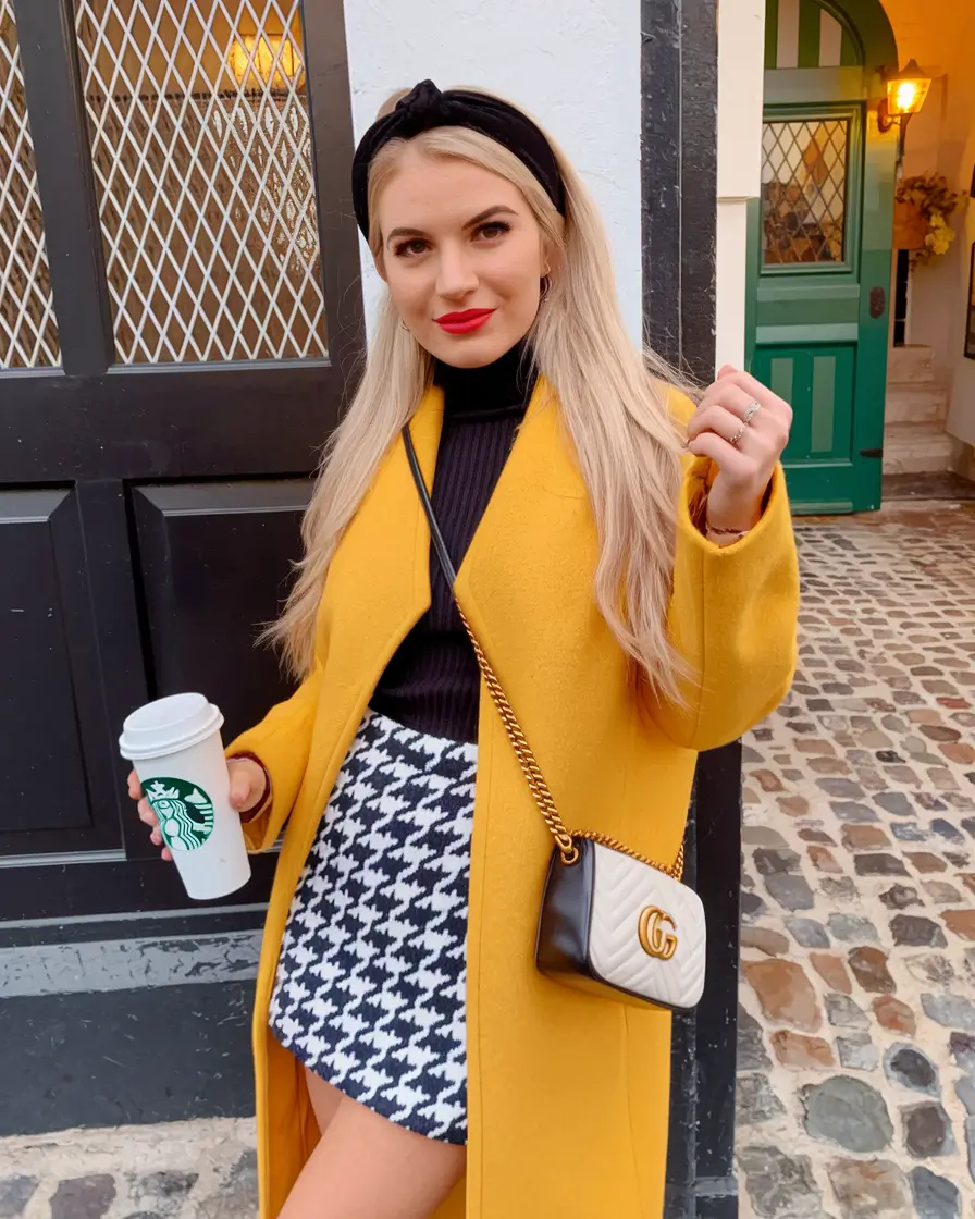 fall fashion inspo for women 2025 Mustard Coat & Mini Skirt: Fall Mod Chic