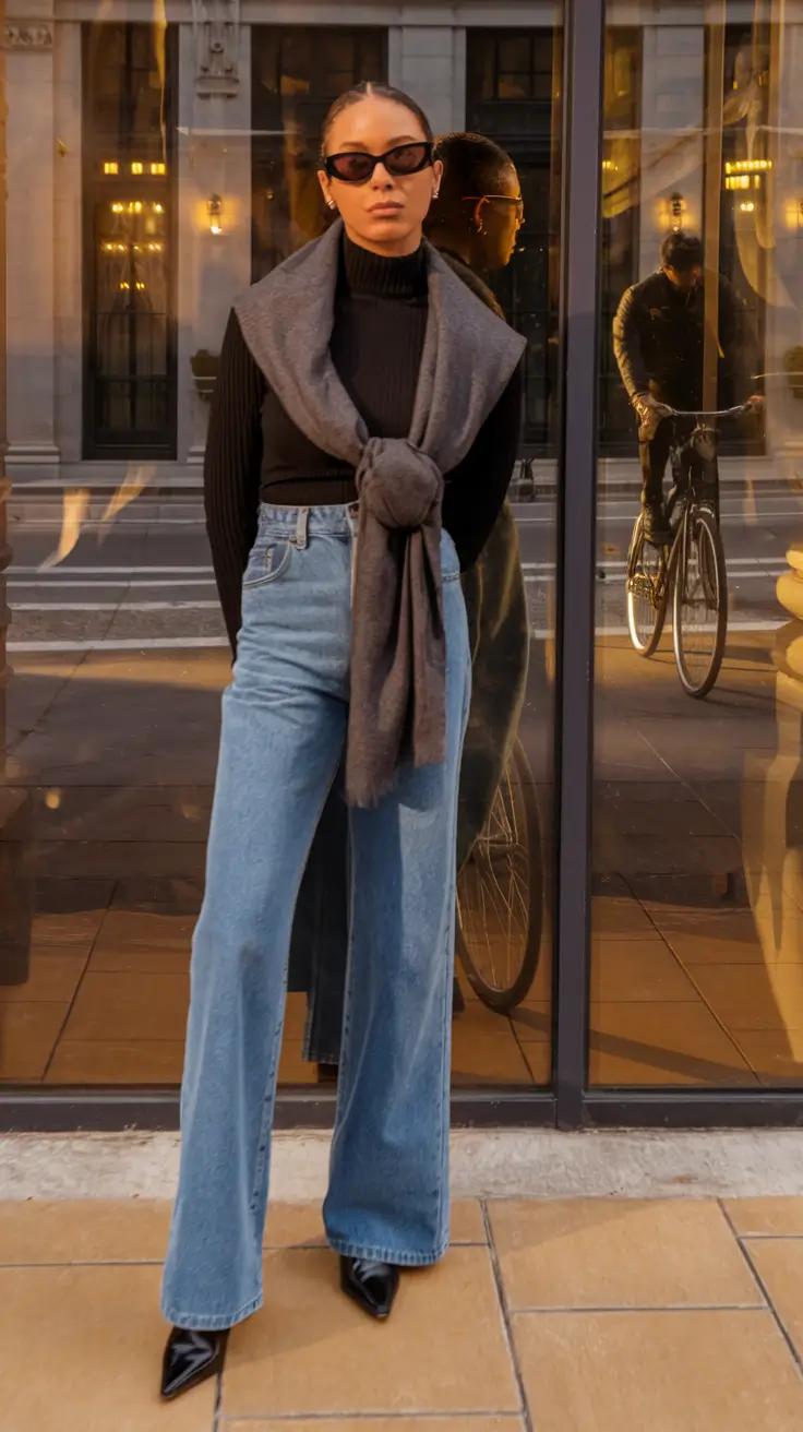 fall fashion inspo for women 2025 Monochrome Cool: Wide Denim & Knotted Knit
