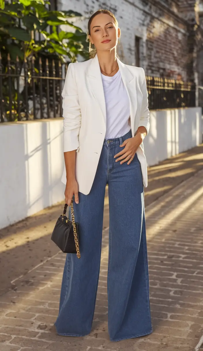 fall fashion inspo for women 2025 Power Casual: Wide-Leg Denim & Crisp White Blazer