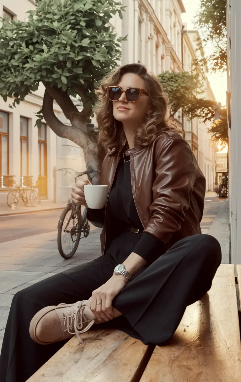 fall fashion inspo for women 2025 Coffee Break Chic: Brown Leather Bomber & Black Layers