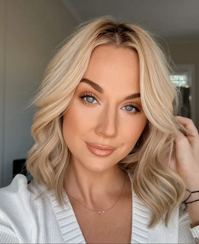 fall hair color for blondes ideas 2025 Soft Blonde Waves with Cool Undertones