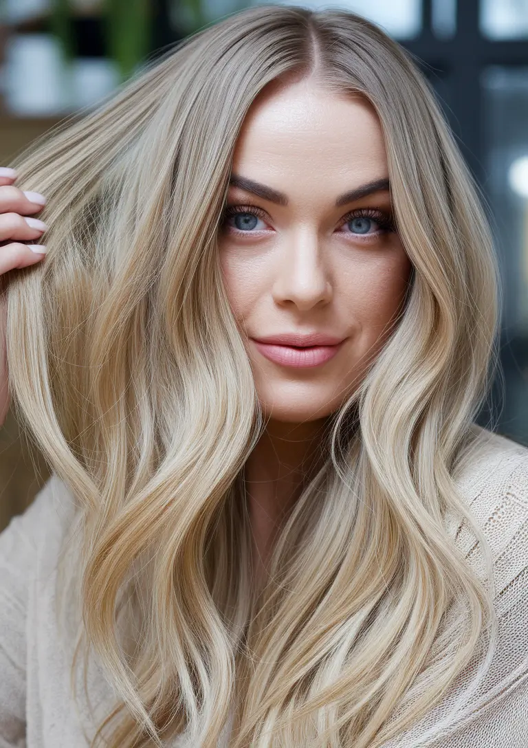 fall hair color for blondes Classic Champagne Blonde with Subtle Coolness
