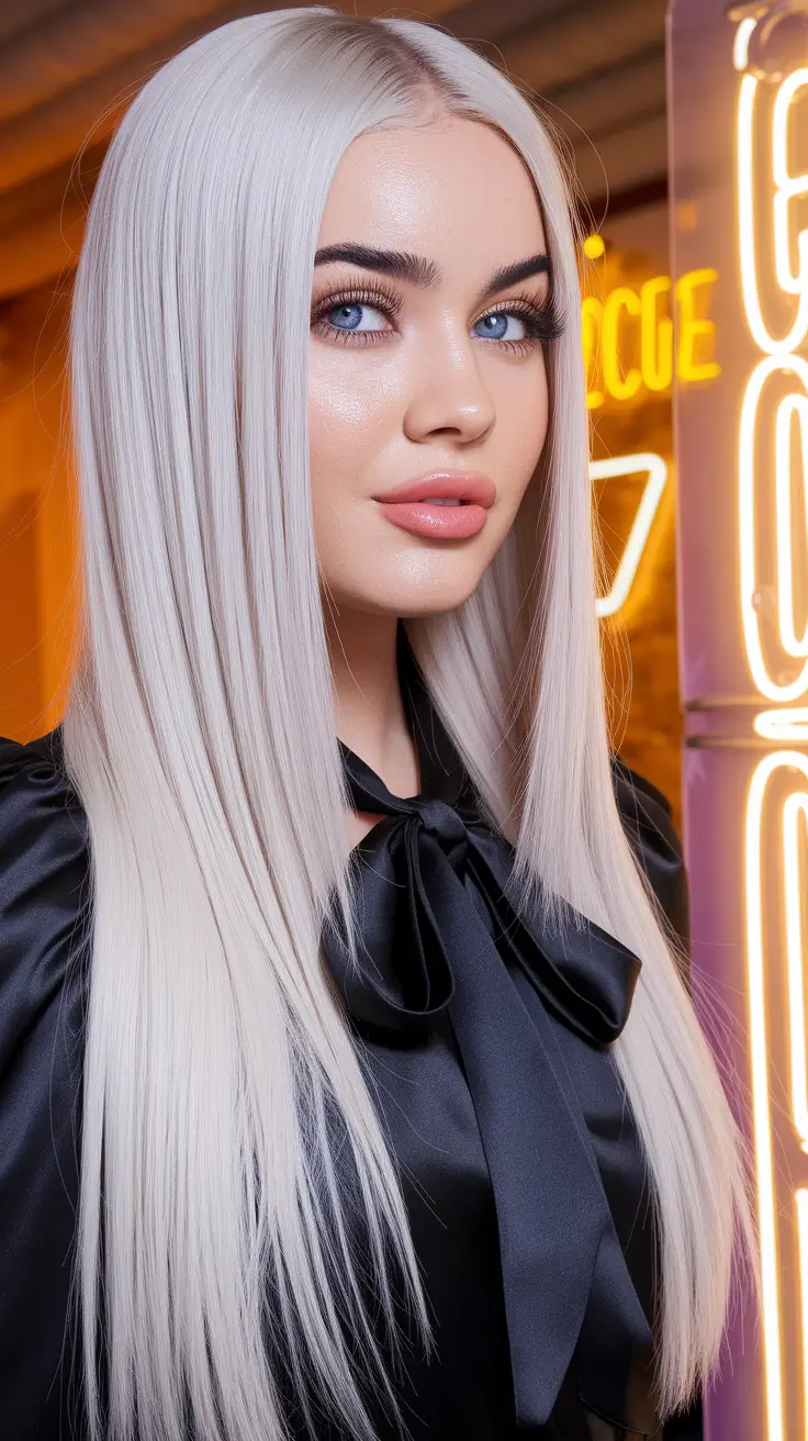 fall hair color for blondes Sleek Silver Blonde with Ultra-Gloss Finish
