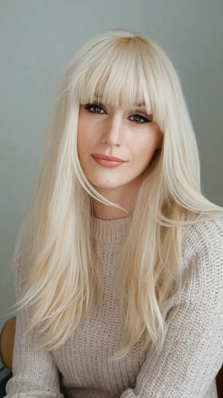 fall hair color for blondes ideas 2025 Layered Blonde with Full Bangs