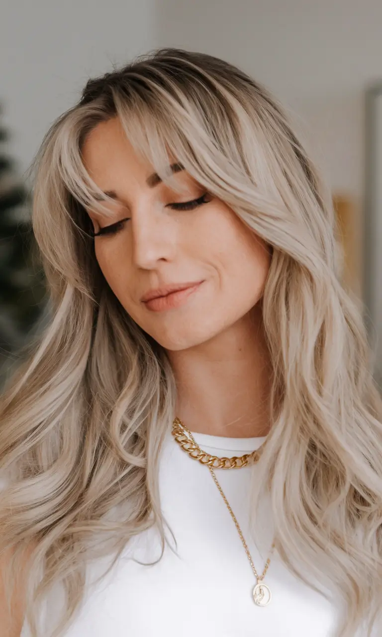 fall hair color for blondes ideas 2025 Windswept Ash Blonde with Curtain Fringe