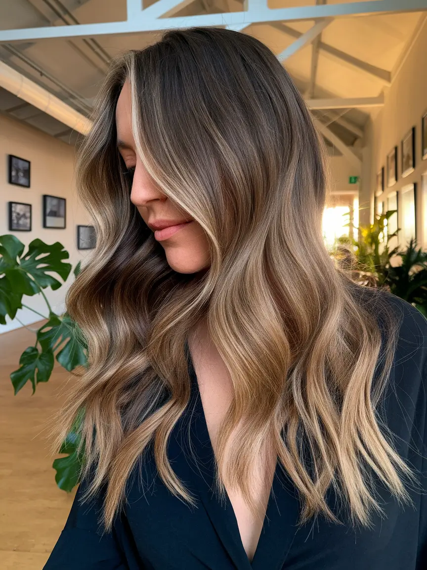 Fall hair color ideas 2025 Soft Honey Brunette with a Bright Money Piece