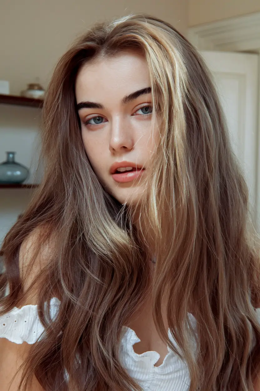 Fall hair color ideas 2025 Toffee Brown with High-Contrast Blonde Streak