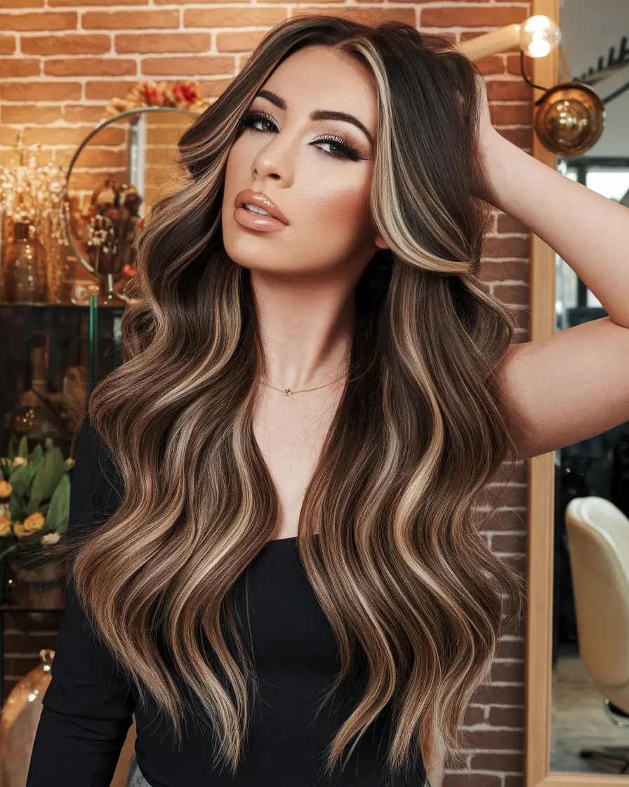 Fall hair color ideas 2025 Striped Blonde and Brunette Waves for Glam Drama