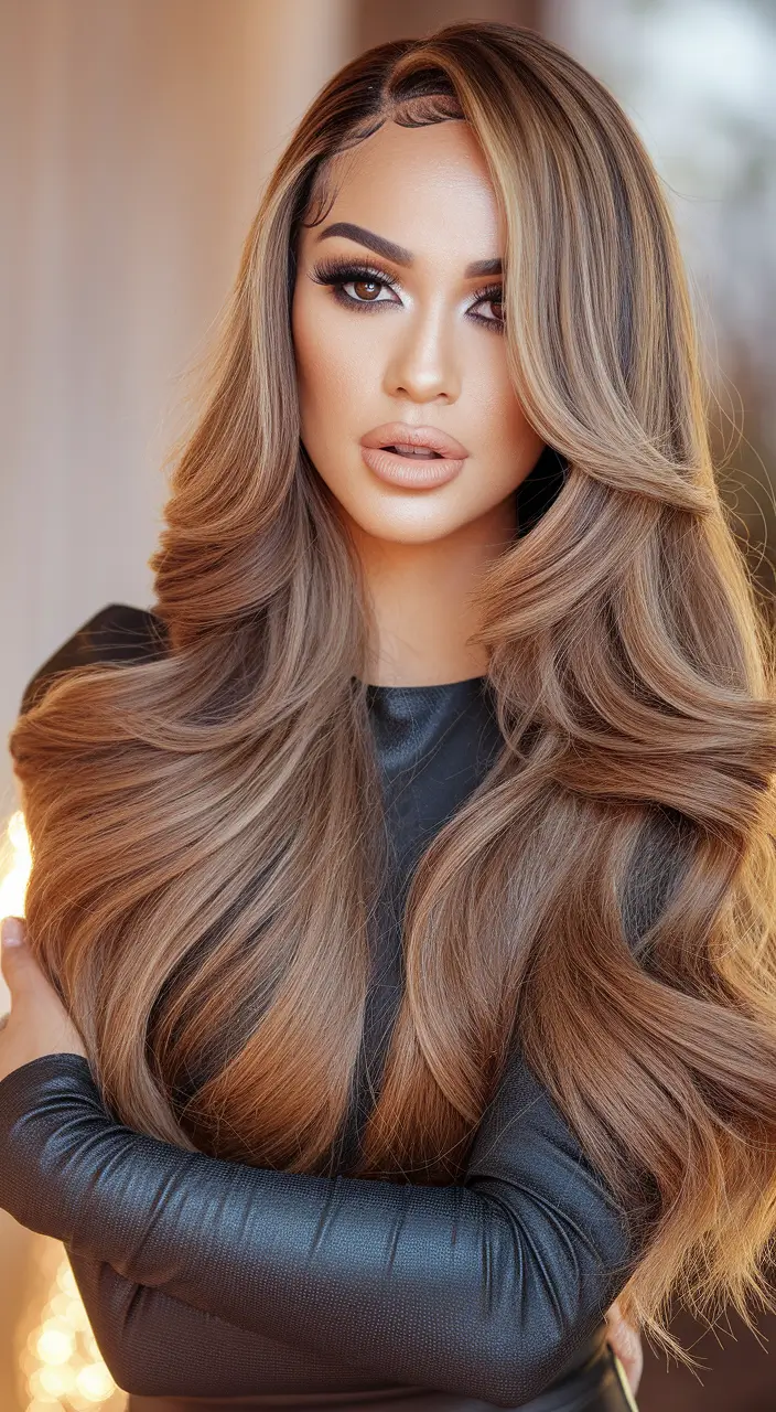 Fall hair color ideas 2025 Layered Caramel Brunette with Luxurious Waves