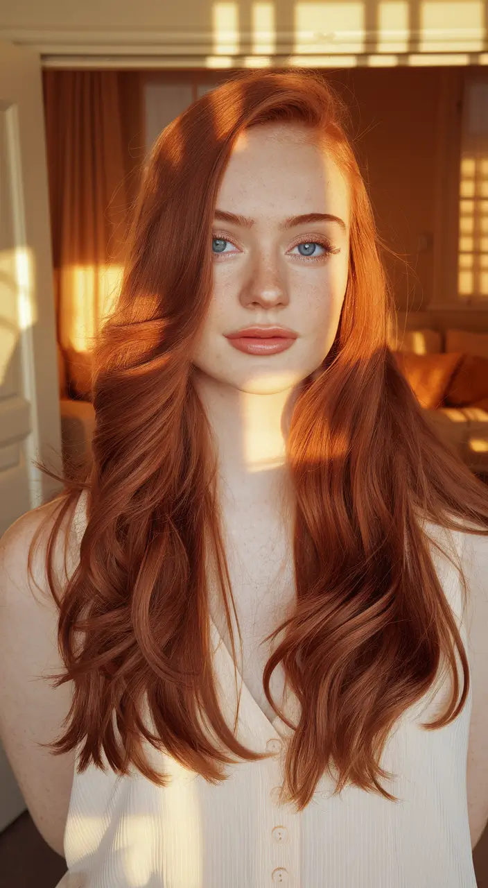 Fall hair color ideas 2025 Vintage Auburn Waves That Glow at Golden Hour