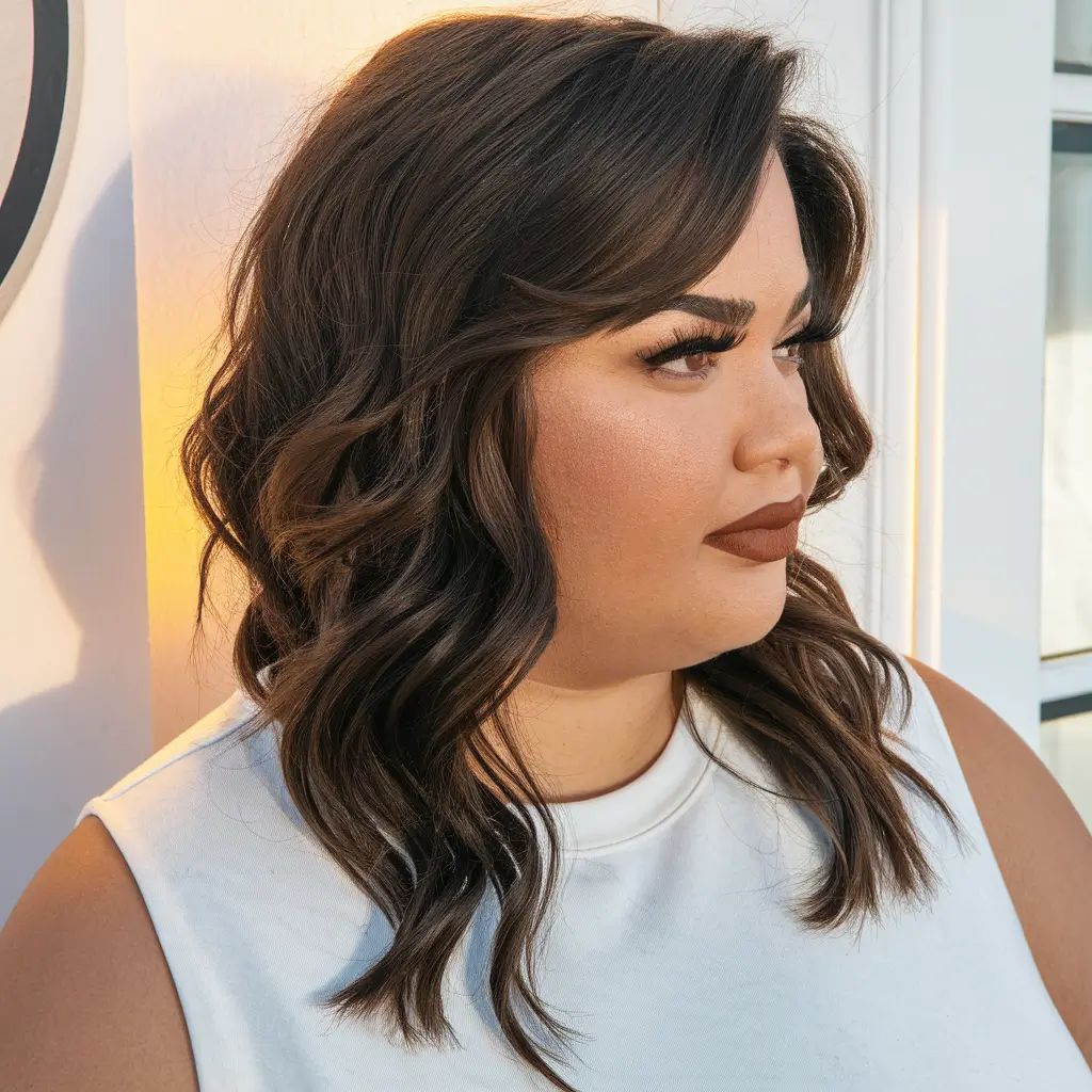 fall haircuts for plus size women 2025 Chestnut Layers with Polished Curls