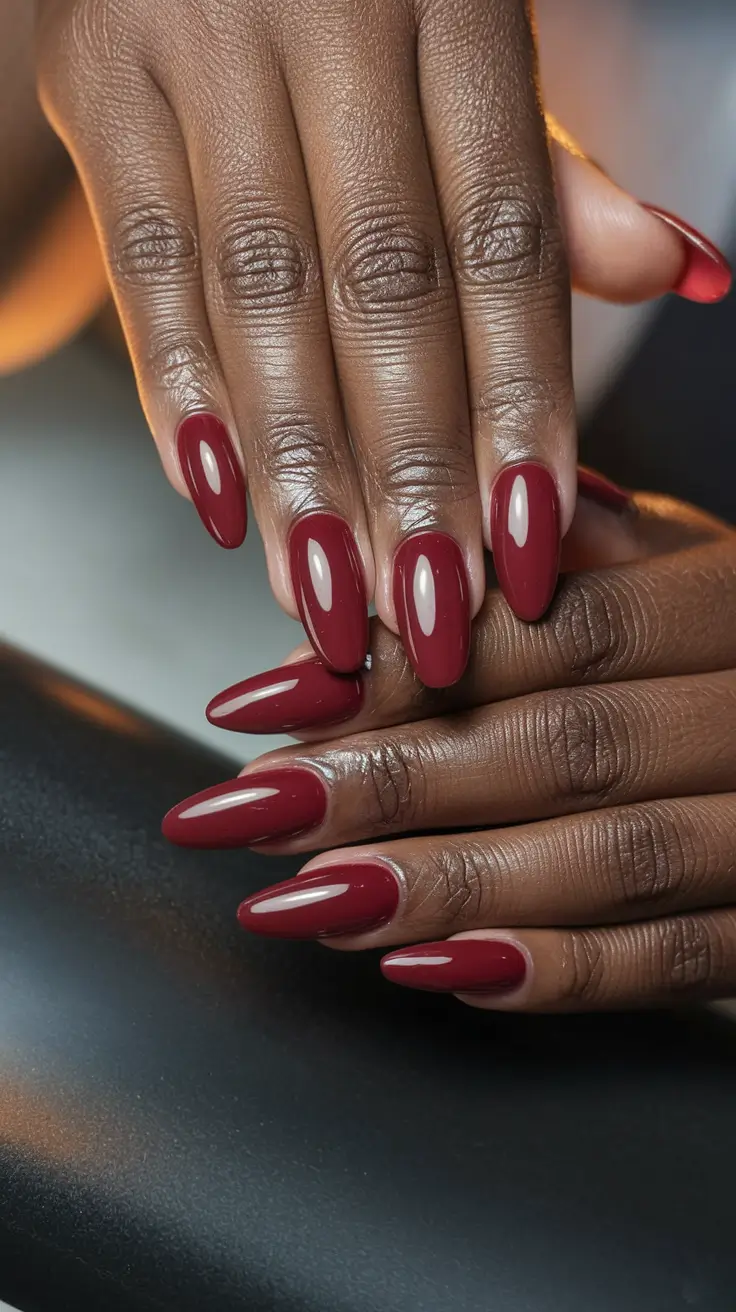 fall nail colors dark skin Classic Crimson Almond for Cozy Evenings